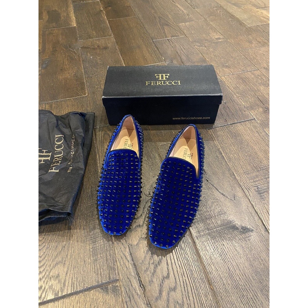 Men FERUCCI Blue Velvet Slippers Loafers Flat with Black Spikes size US 10 - Picture 11 of 11